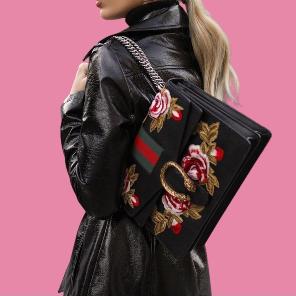 Gucci Calfskin Web Floral Embroidered Medium Dionysus Shoulder Bag Black